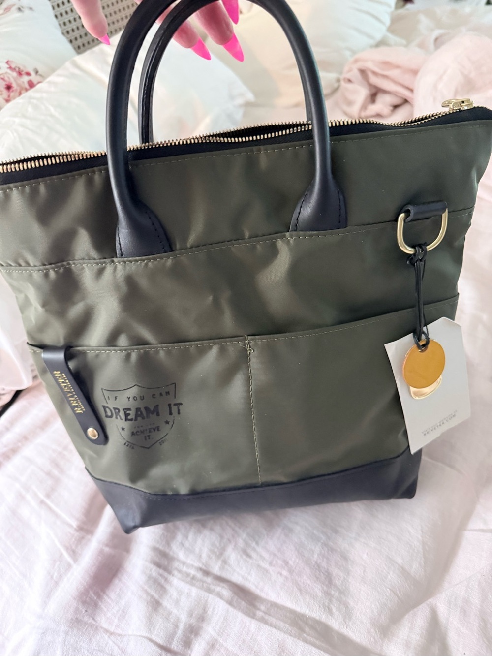 R.Riviter Dream It Olive Nylon Shoulder Tote with Black Trim NEW WITH TAGS!!